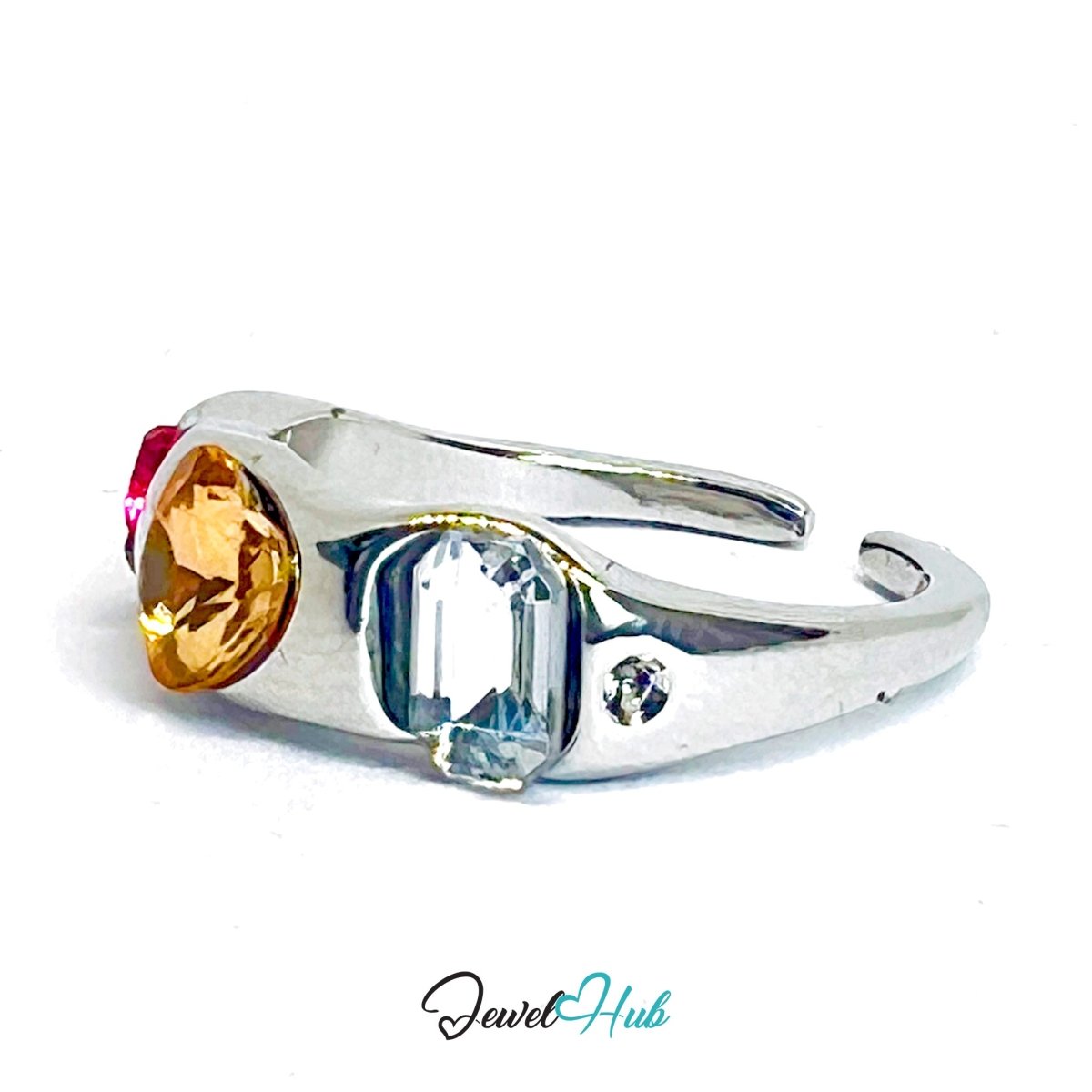 Silver‑Plated Multi Gem Heart Zinc Alloy Ring – Pink & Orange MN Band - JewelHub.co.uk