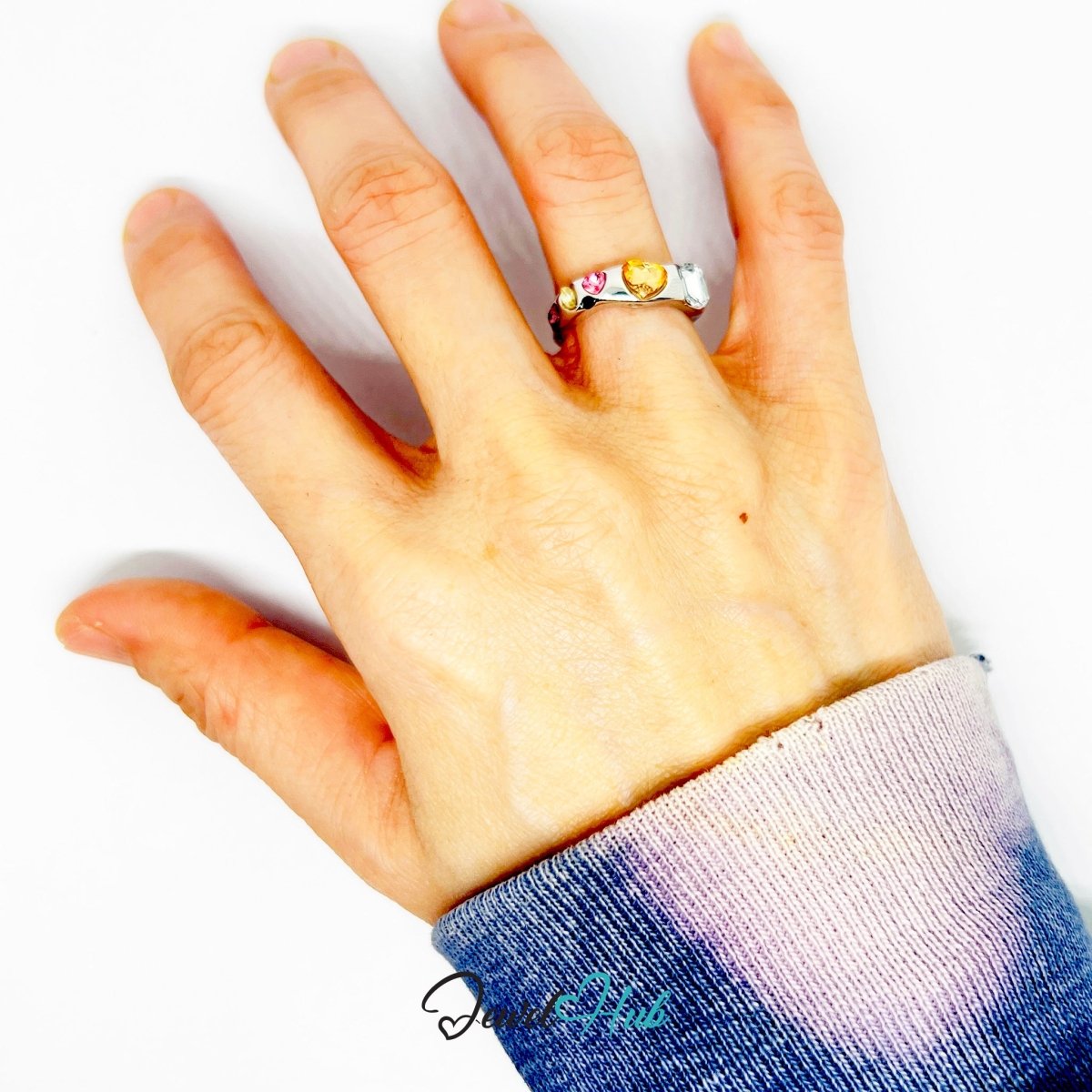 Silver‑Plated Multi Gem Heart Zinc Alloy Ring – Pink & Orange MN Band - JewelHub.co.uk