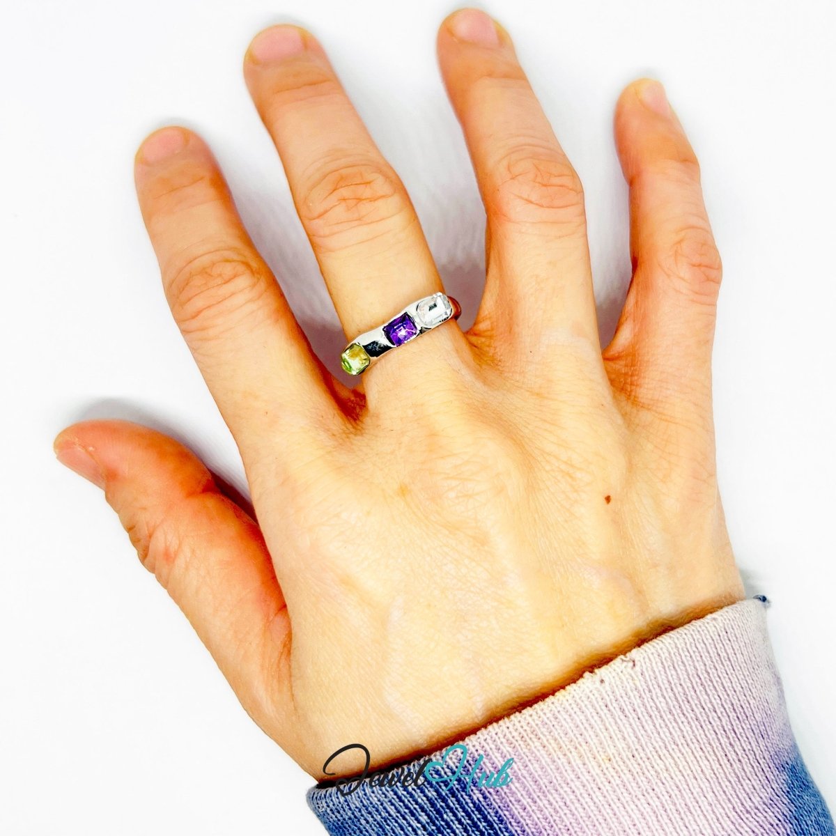 Silver‑Plated Triple Gem Band Zinc Alloy Ring – White Purple Green Stones - JewelHub.co.uk