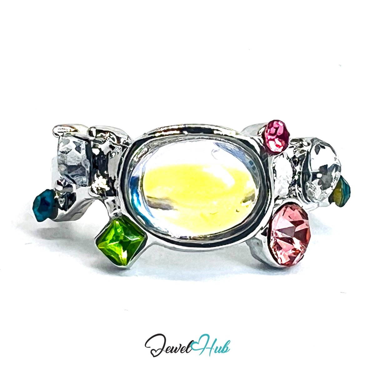 Silver‑Plated Zinc Alloy AB Resin Multicolour Open‑End Ring - JewelHub.co.uk