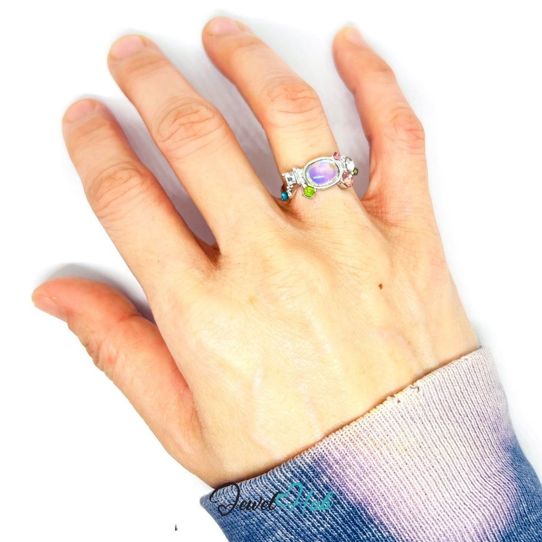 Silver‑Plated Zinc Alloy AB Resin Multicolour Open‑End Ring - JewelHub.co.uk