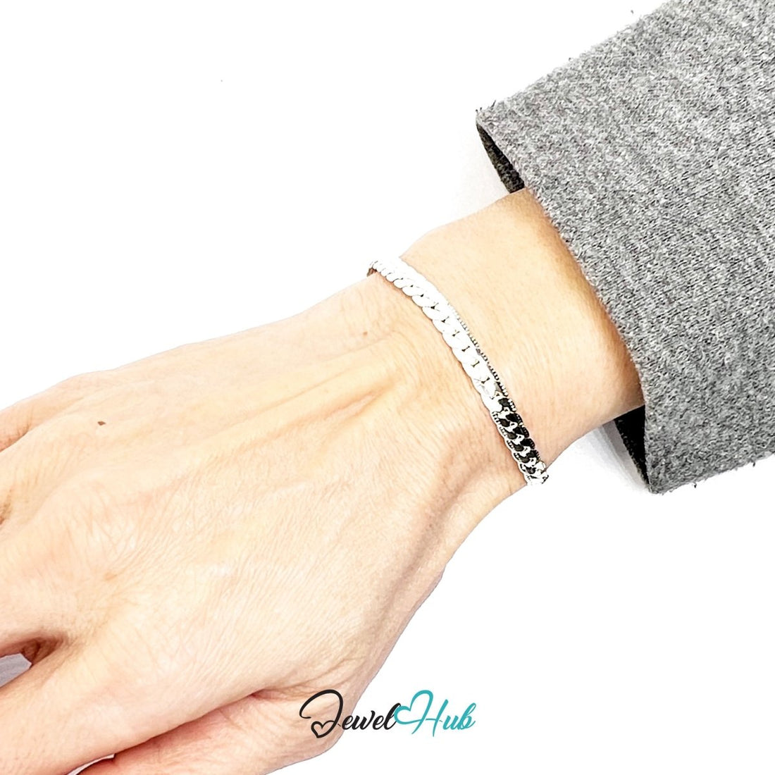 Silvery Relief 925 Sterling Flat Chain Bracelet – Fixed Size - JewelHub.co.uk