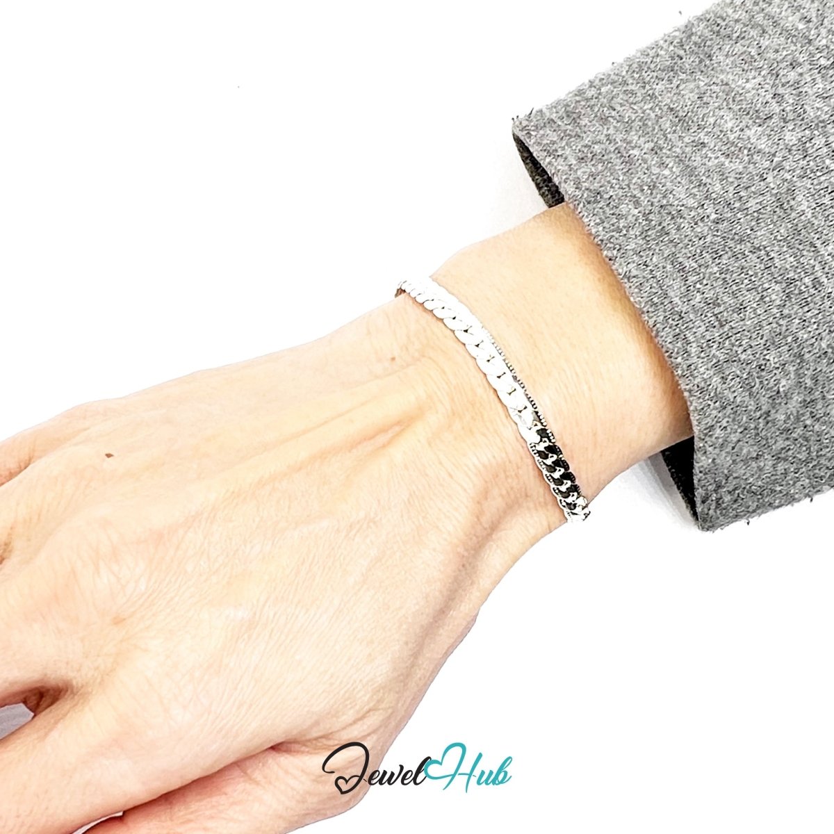 Silvery Relief 925 Sterling Flat Chain Bracelet – Fixed Size - JewelHub.co.uk