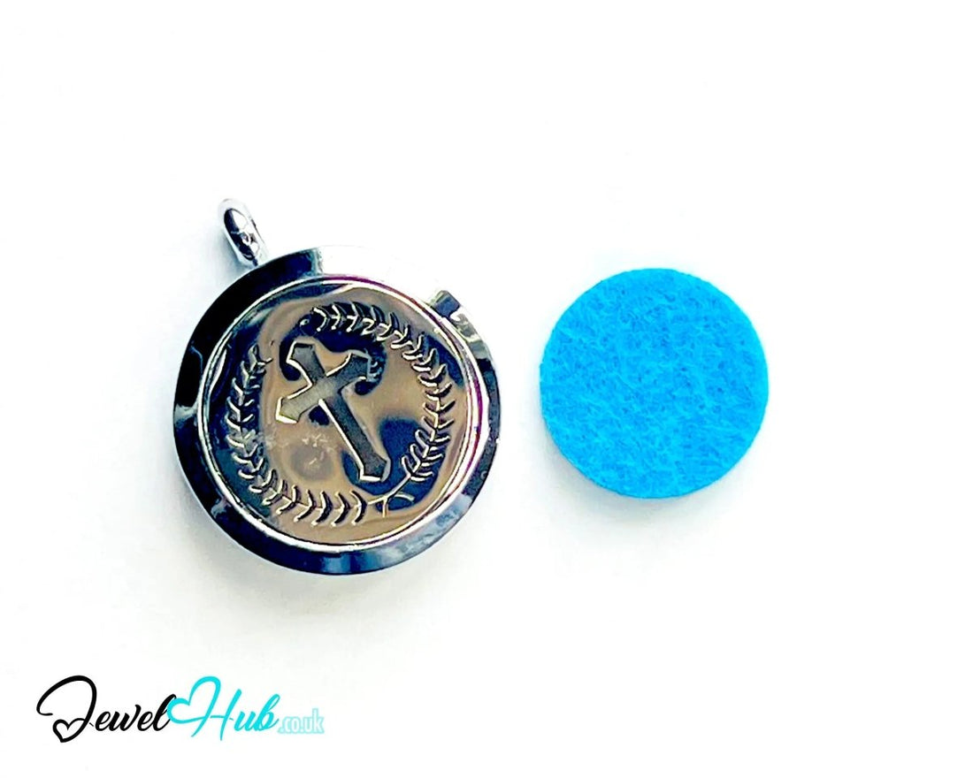 Stainless Steel Aromatherapy Pendant for Strength & Serenity ✝️ Laurel Cross - JewelHub.co.uk