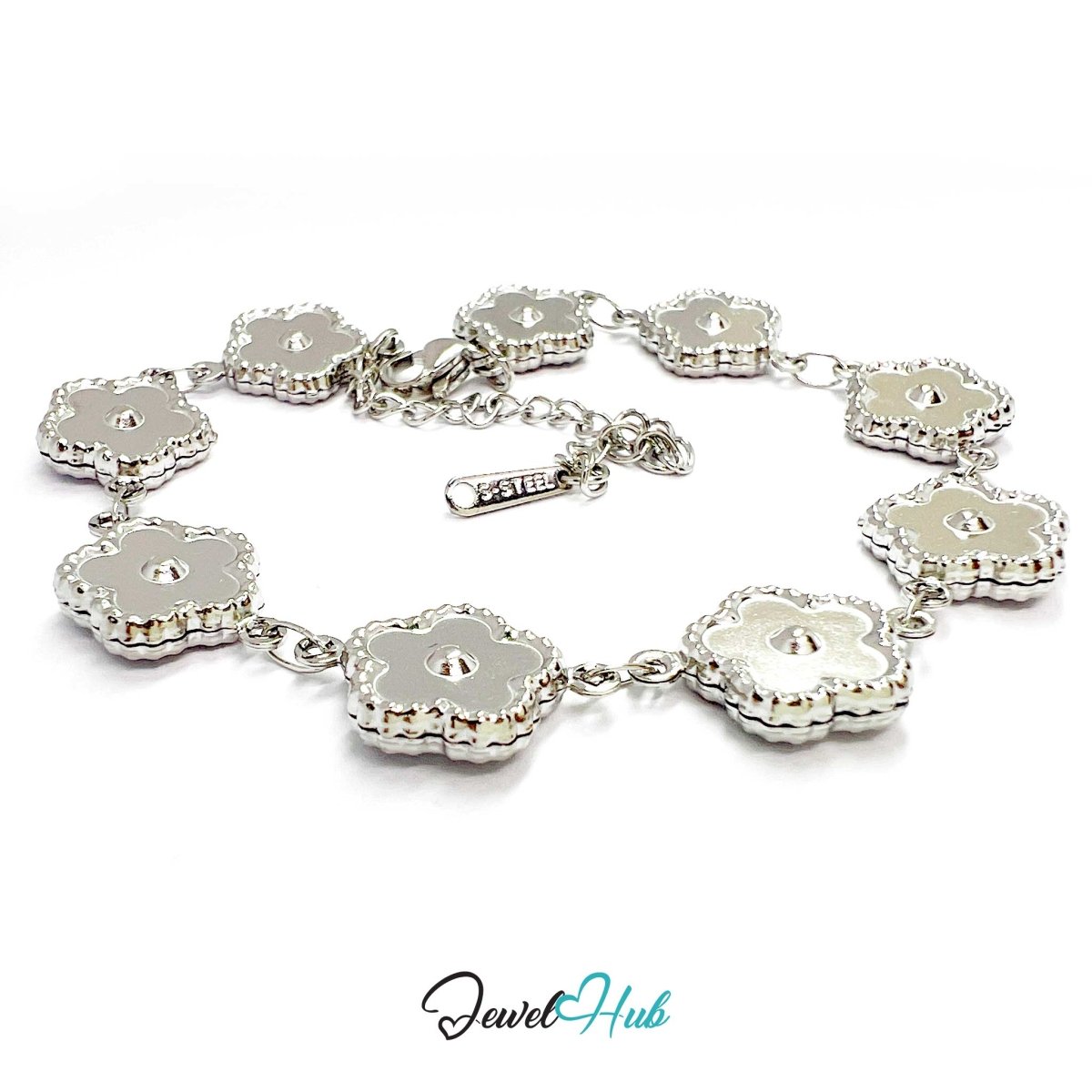 Stainless Steel Beaded Blossom Silver Bracelet - JewelHub.co.uk