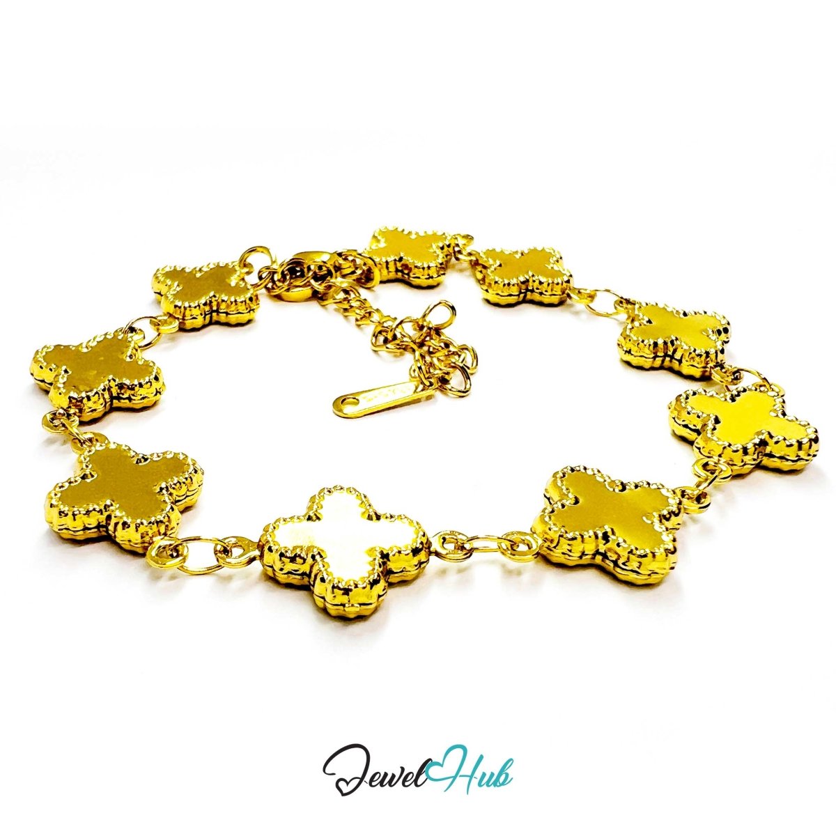 Stainless Steel Beaded Clover Gold Bracelet - JewelHub.co.uk