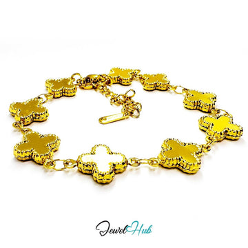 Stainless Steel Beaded Clover Gold Bracelet - JewelHub.co.uk