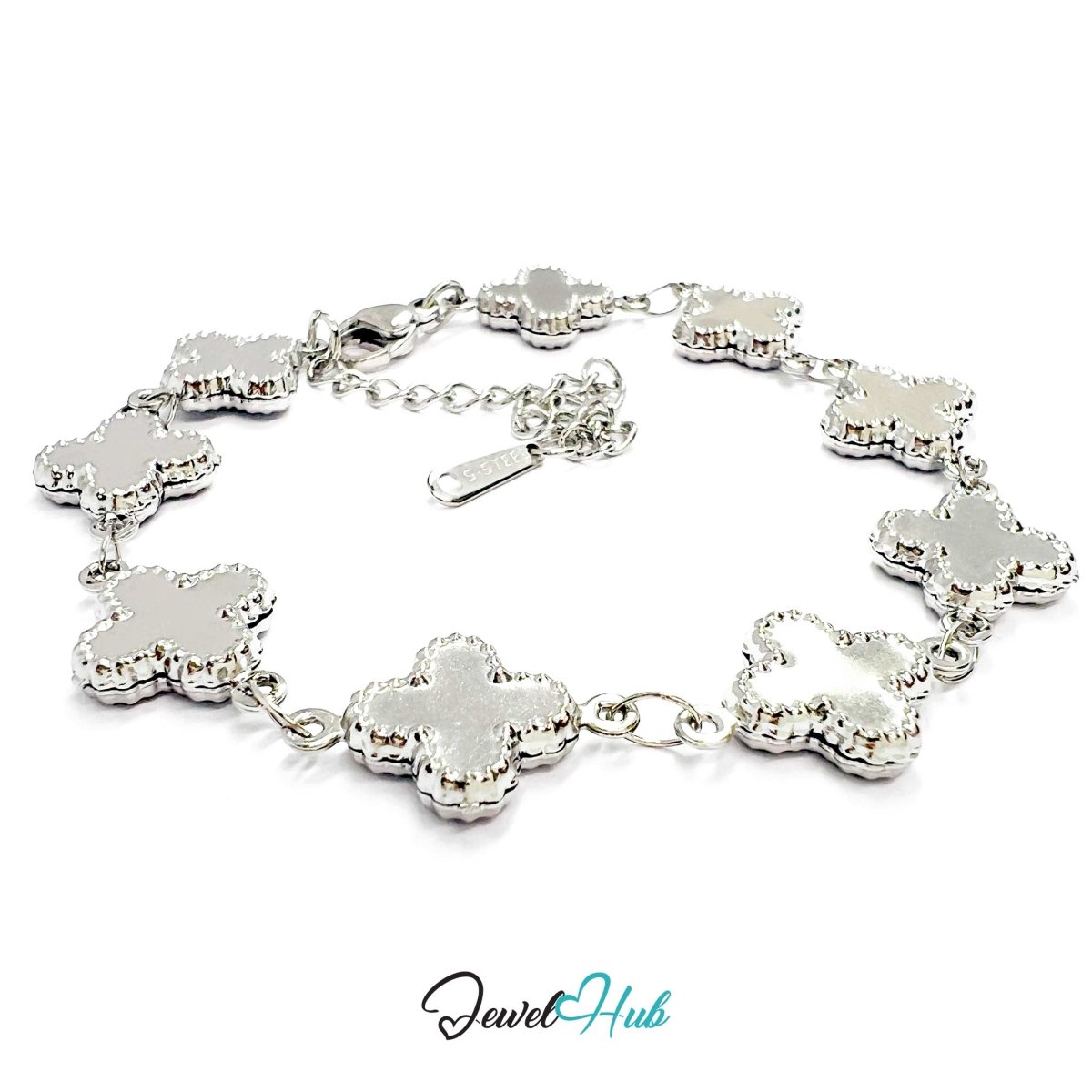 Stainless Steel Beaded Clover Silver Bracelet - JewelHub.co.uk