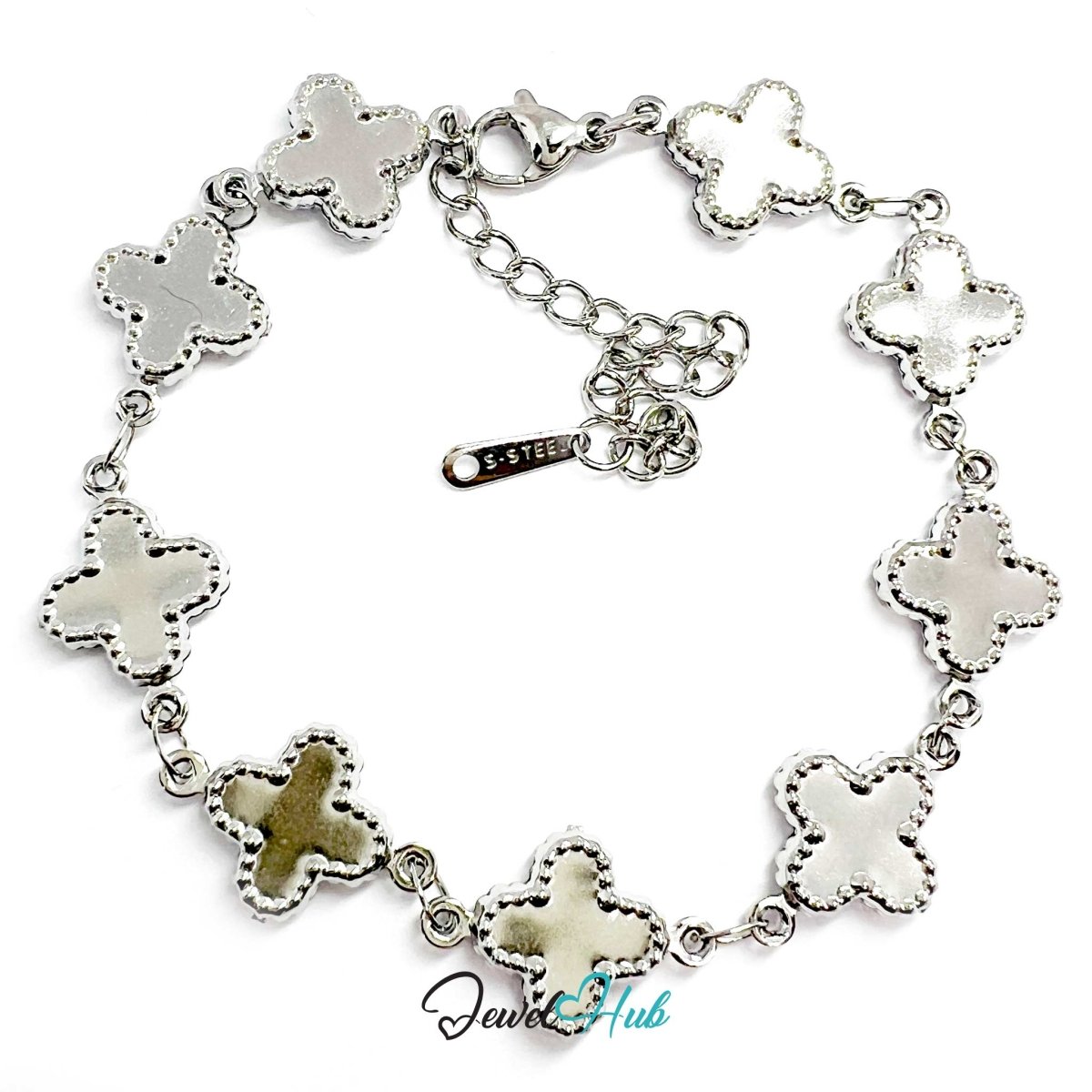 Stainless Steel Beaded Clover Silver Bracelet - JewelHub.co.uk