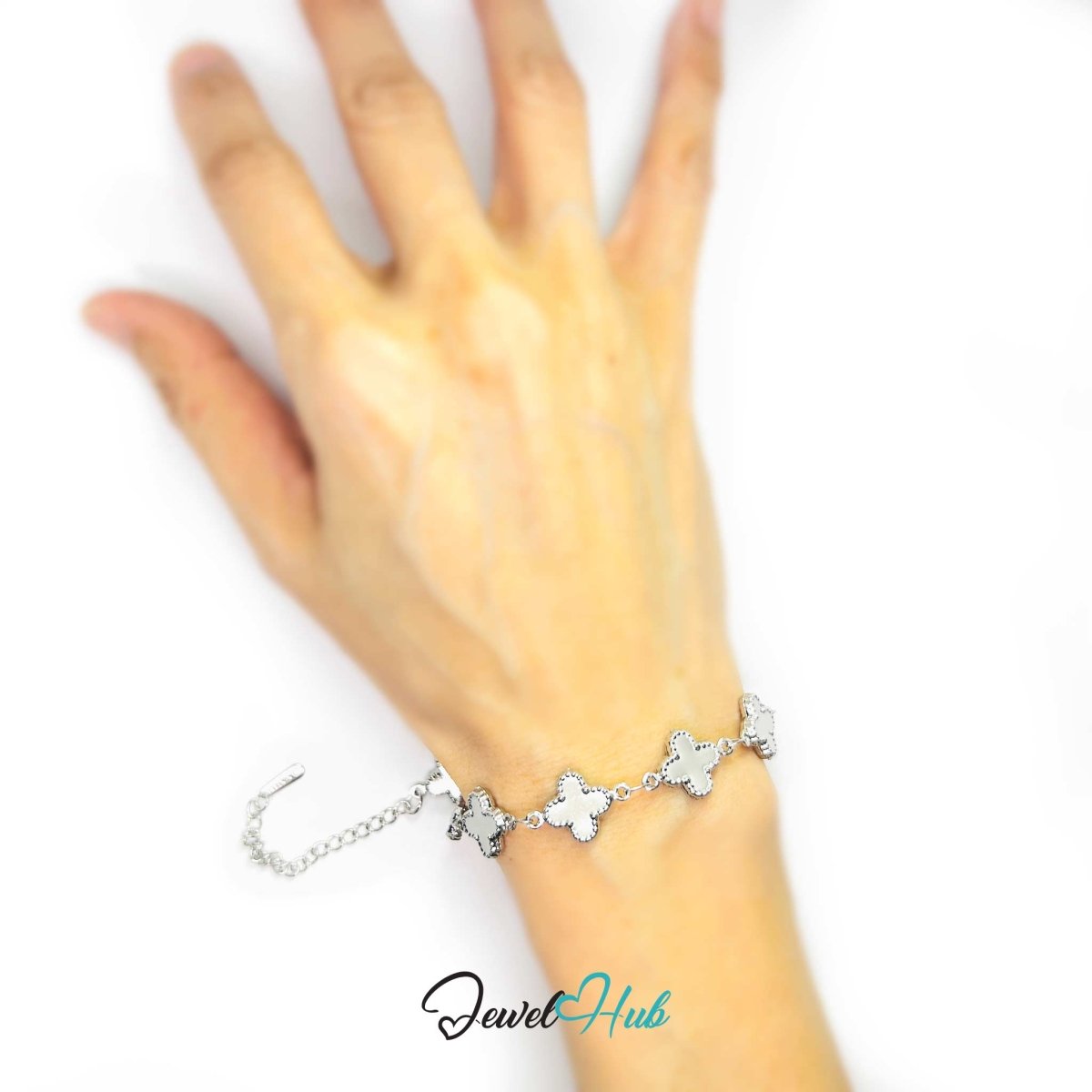 Stainless Steel Beaded Clover Silver Bracelet - JewelHub.co.uk
