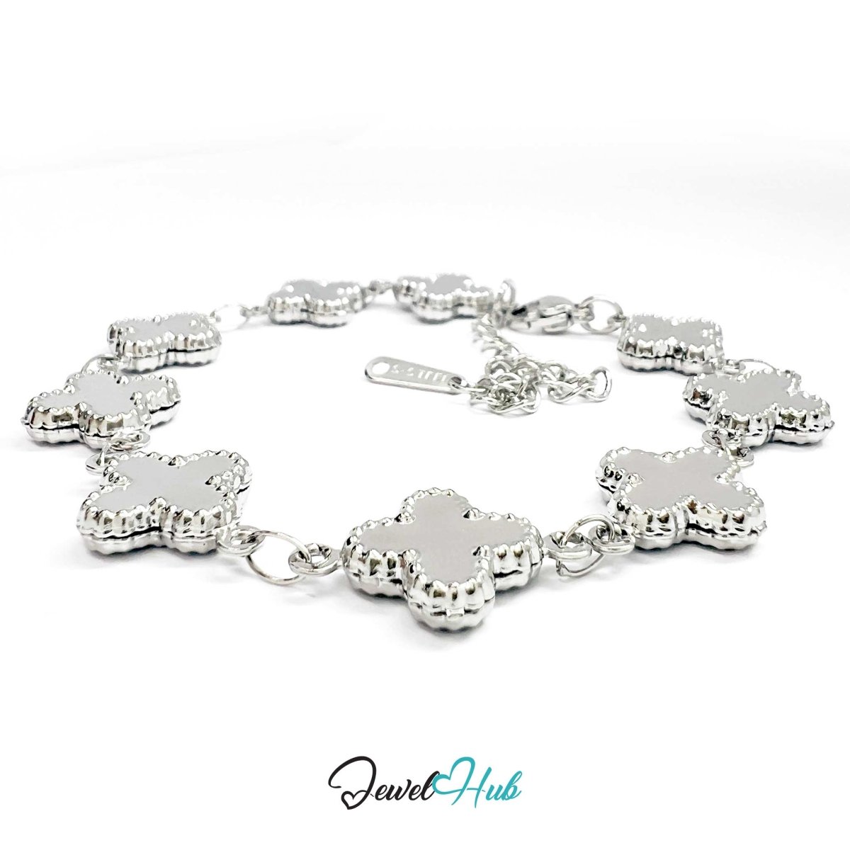 Stainless Steel Beaded Clover Silver Bracelet - JewelHub.co.uk
