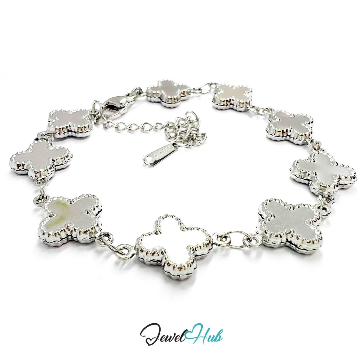 Stainless Steel Beaded Clover Silver Bracelet - JewelHub.co.uk