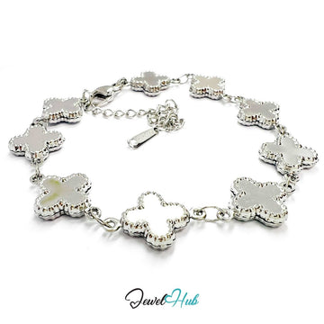 Stainless Steel Beaded Clover Silver Bracelet - JewelHub.co.uk