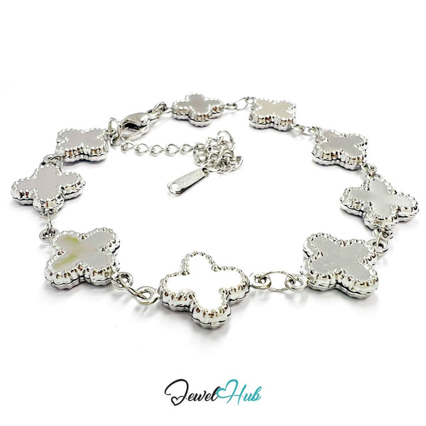 Stainless Steel Beaded Clover Silver Bracelet - JewelHub.co.uk
