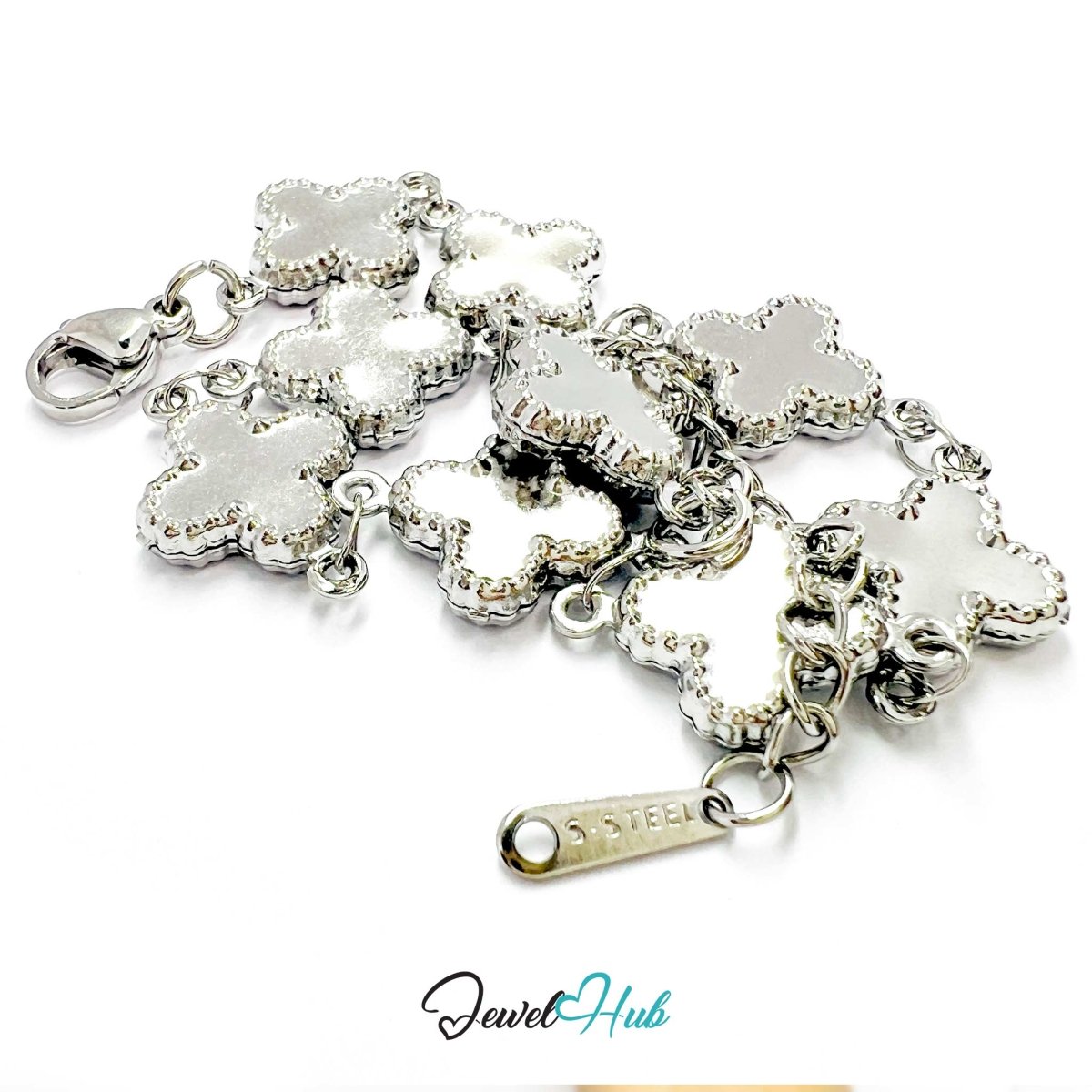 Stainless Steel Beaded Clover Silver Bracelet - JewelHub.co.uk