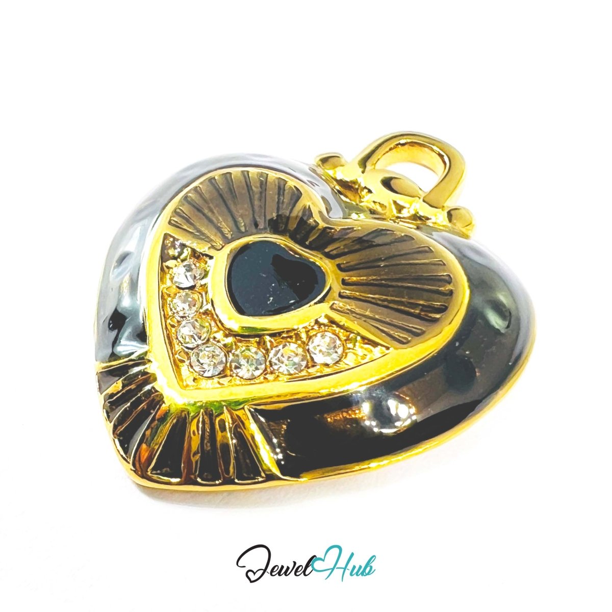 Stainless Steel Black Enamel Heart Pendant with Zirconia - JewelHub.co.uk