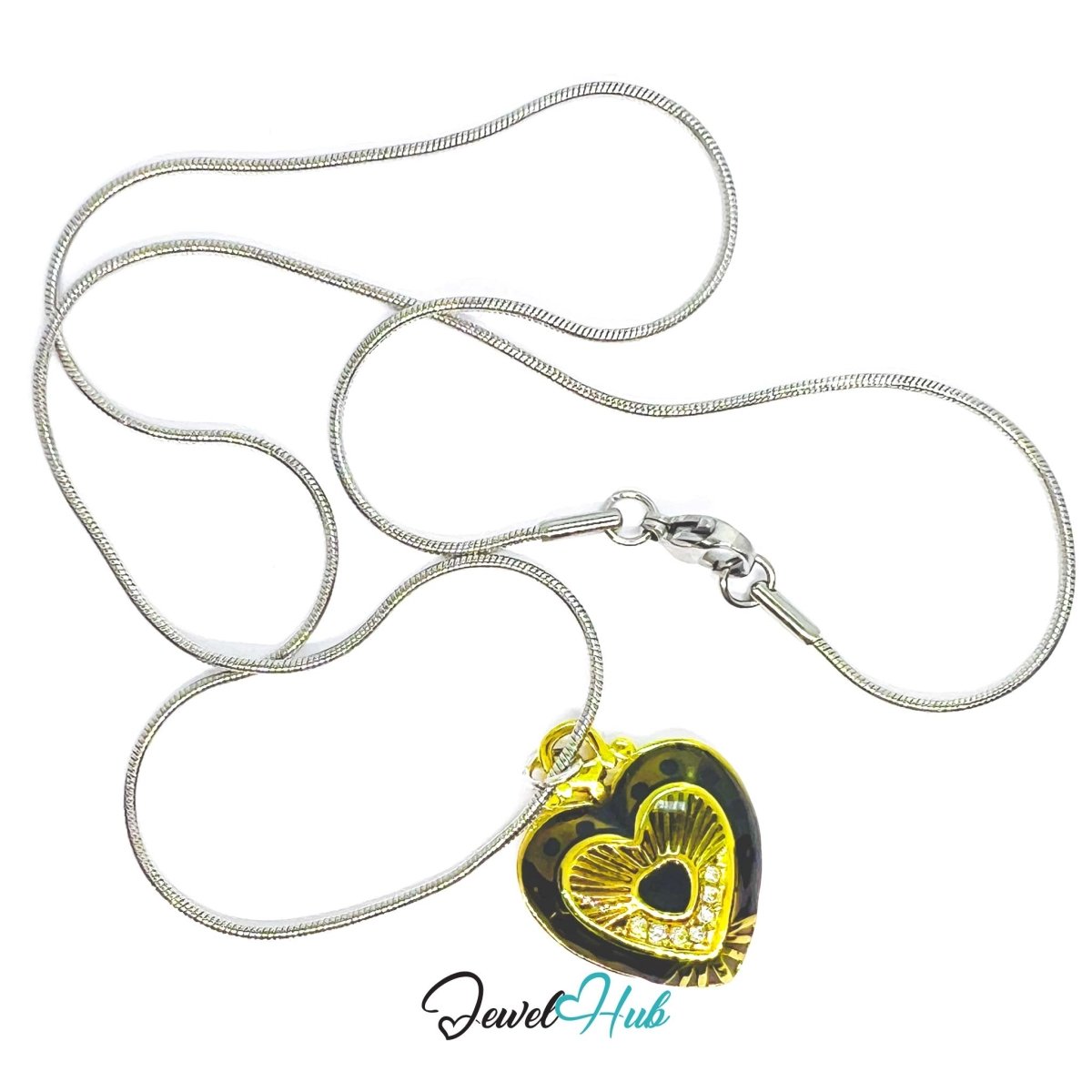 Stainless Steel Black Enamel Heart Pendant with Zirconia - JewelHub.co.uk