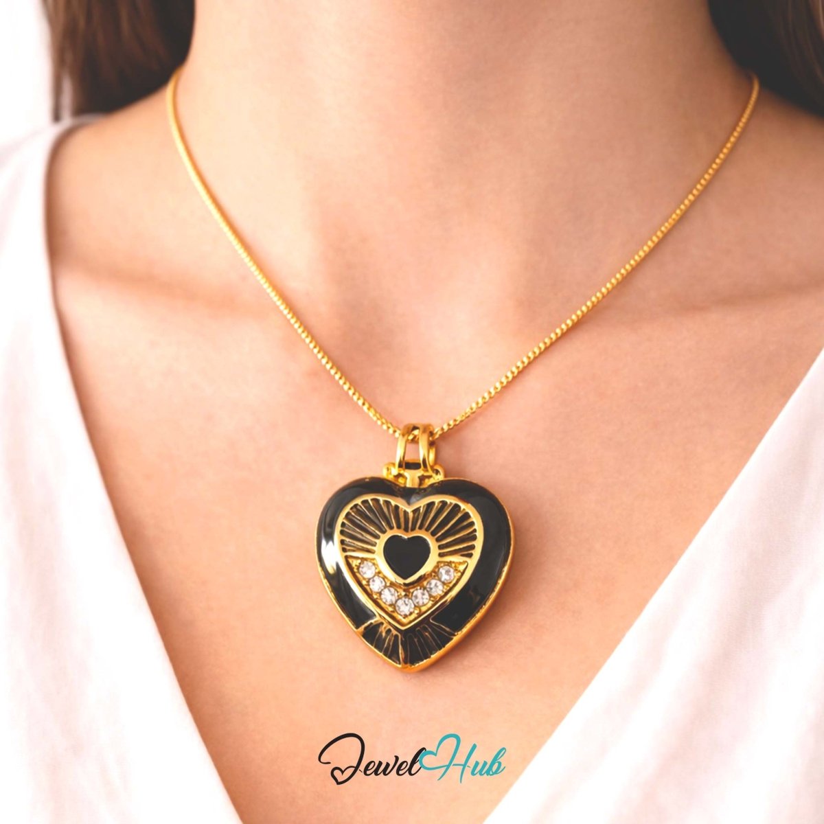 Stainless Steel Black Enamel Heart Pendant with Zirconia - JewelHub.co.uk