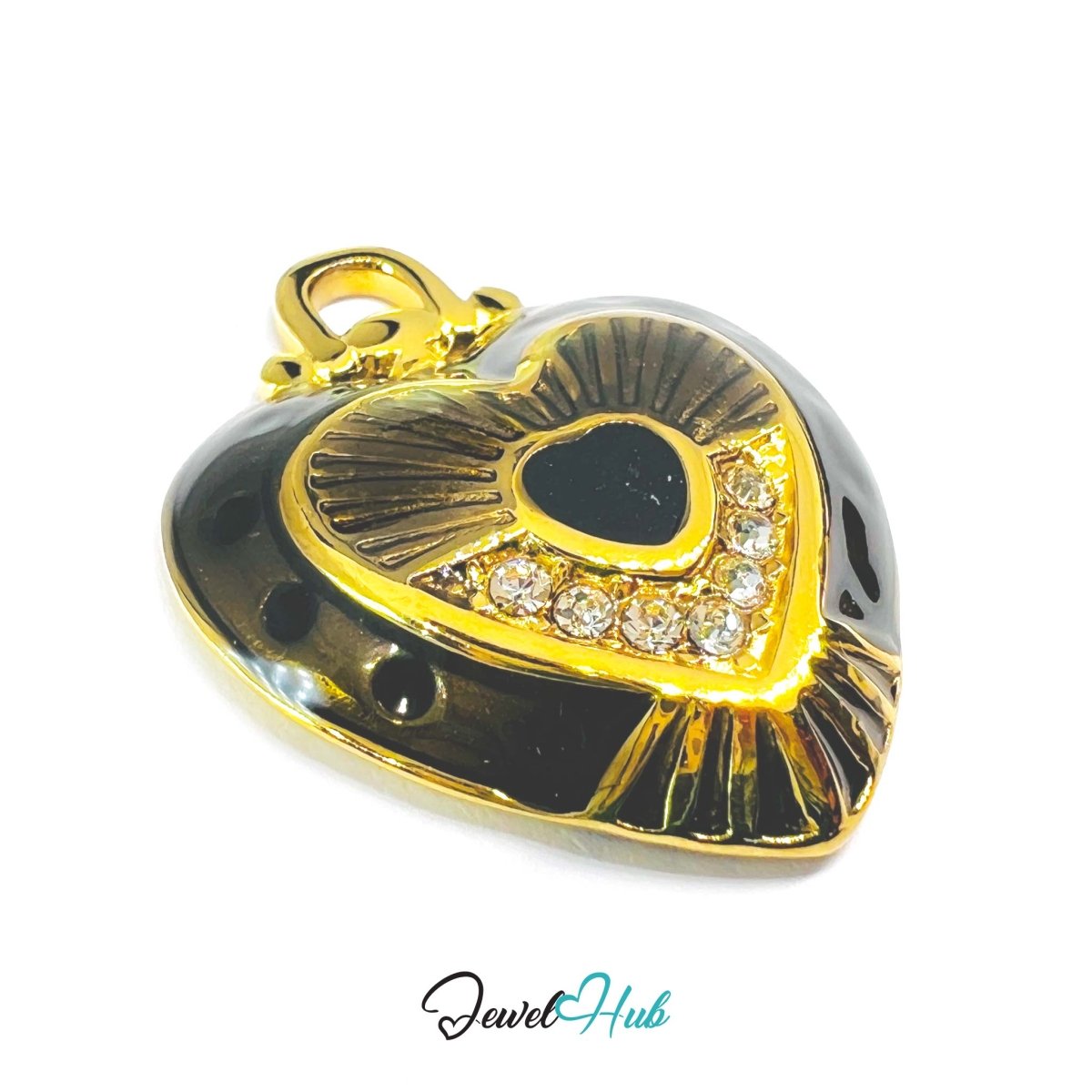 Stainless Steel Black Enamel Heart Pendant with Zirconia - JewelHub.co.uk