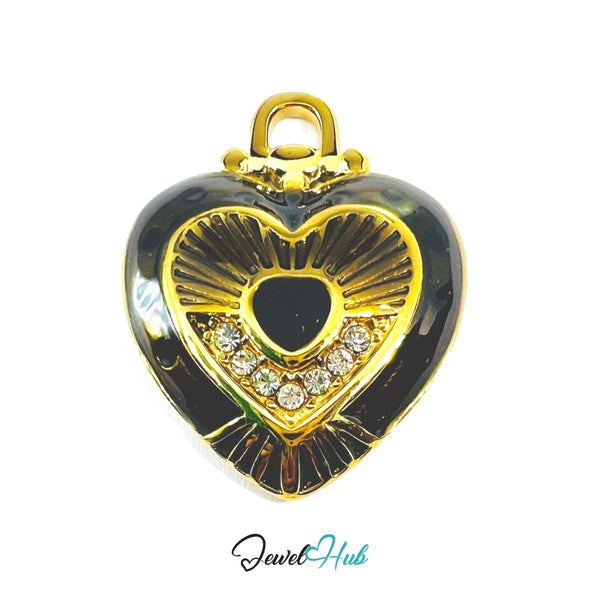 Stainless Steel Black Enamel Heart Pendant with Zirconia - JewelHub.co.uk