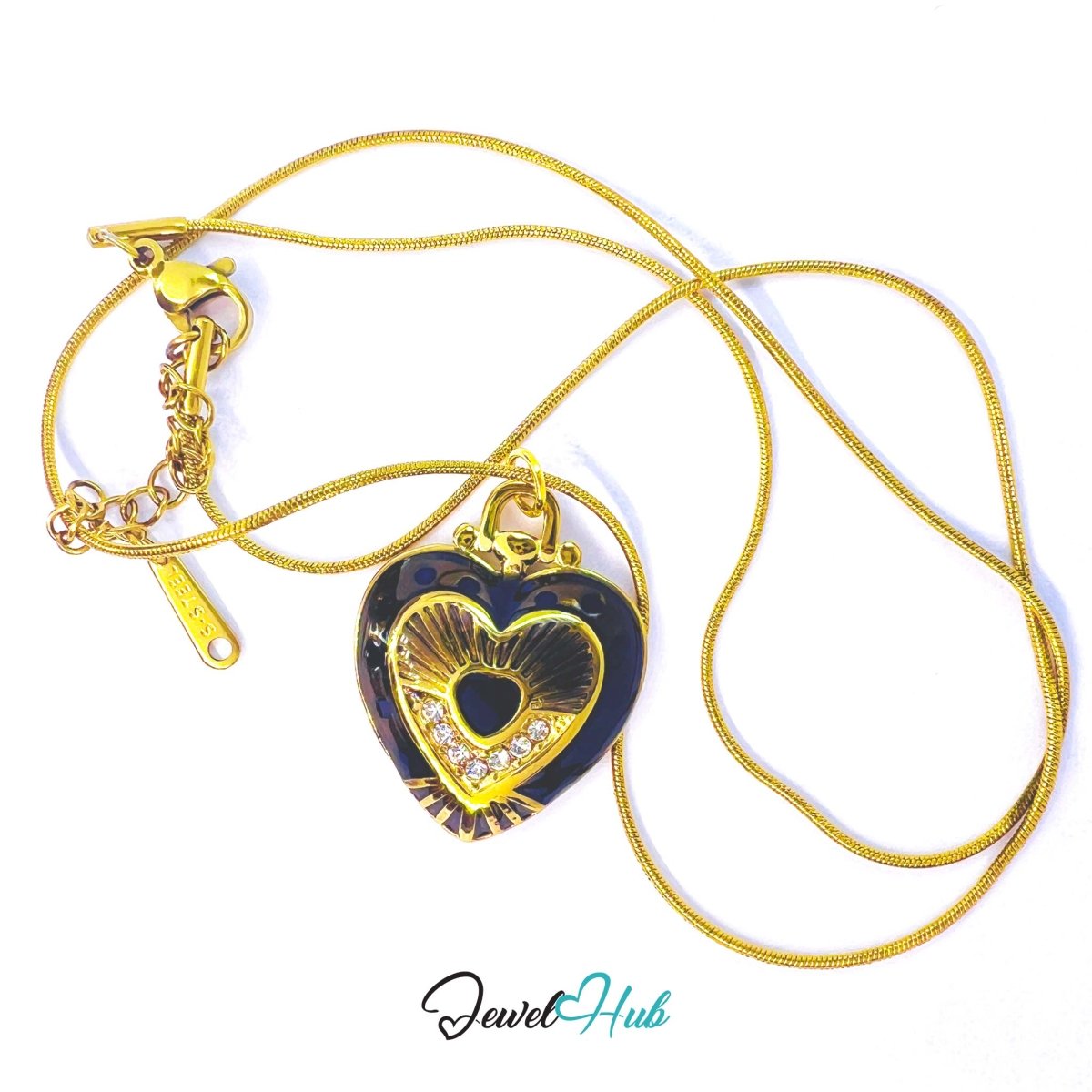 Stainless Steel Black Enamel Heart Pendant with Zirconia - JewelHub.co.uk