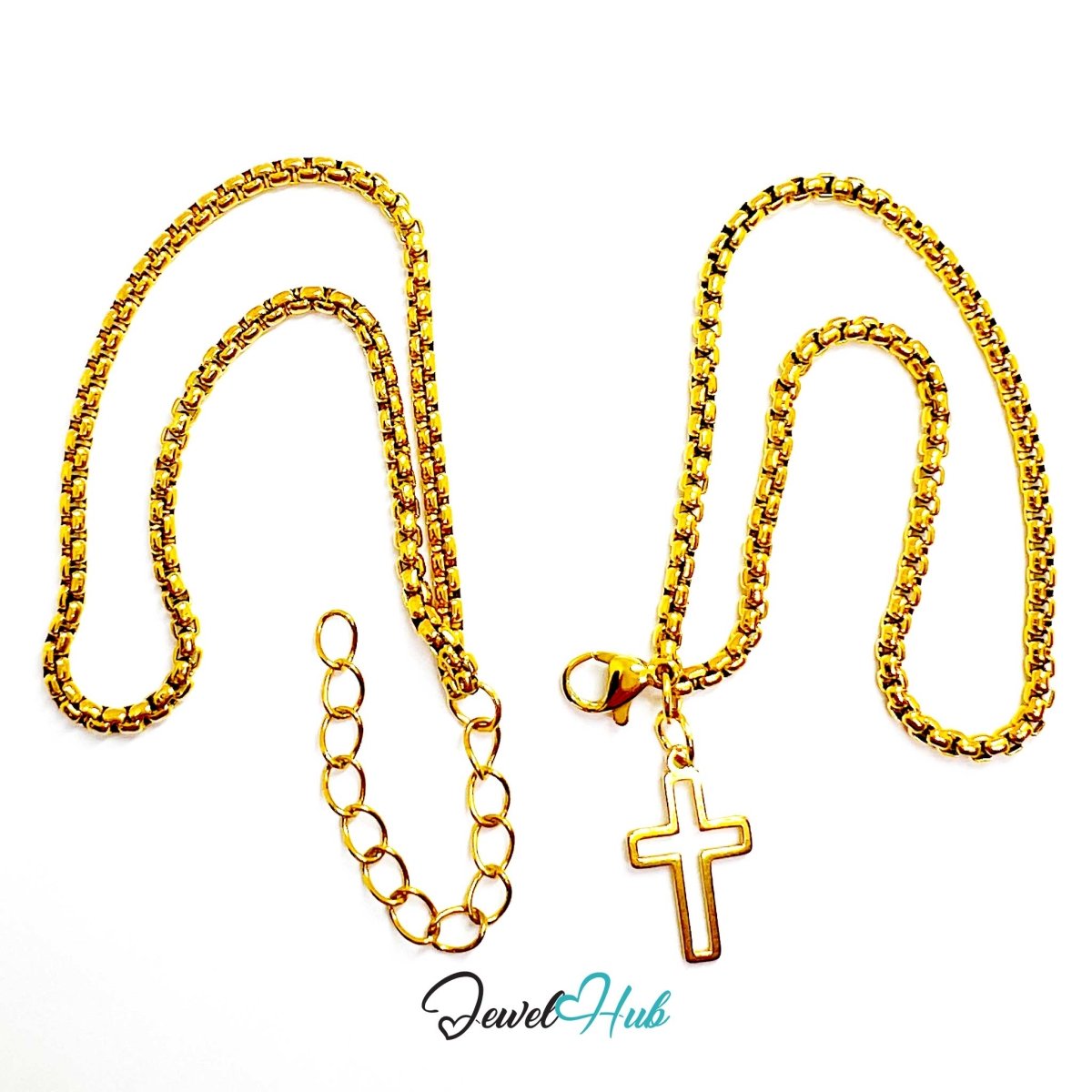 Stainless Steel Box-Link Chain Gold Bracelet with Cross Charm - JewelHub.co.uk