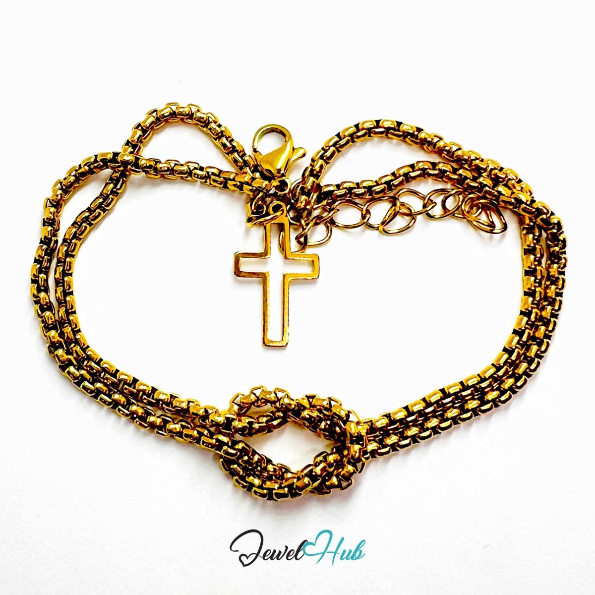 Stainless Steel Box-Link Chain Gold Bracelet with Cross Charm - JewelHub.co.uk