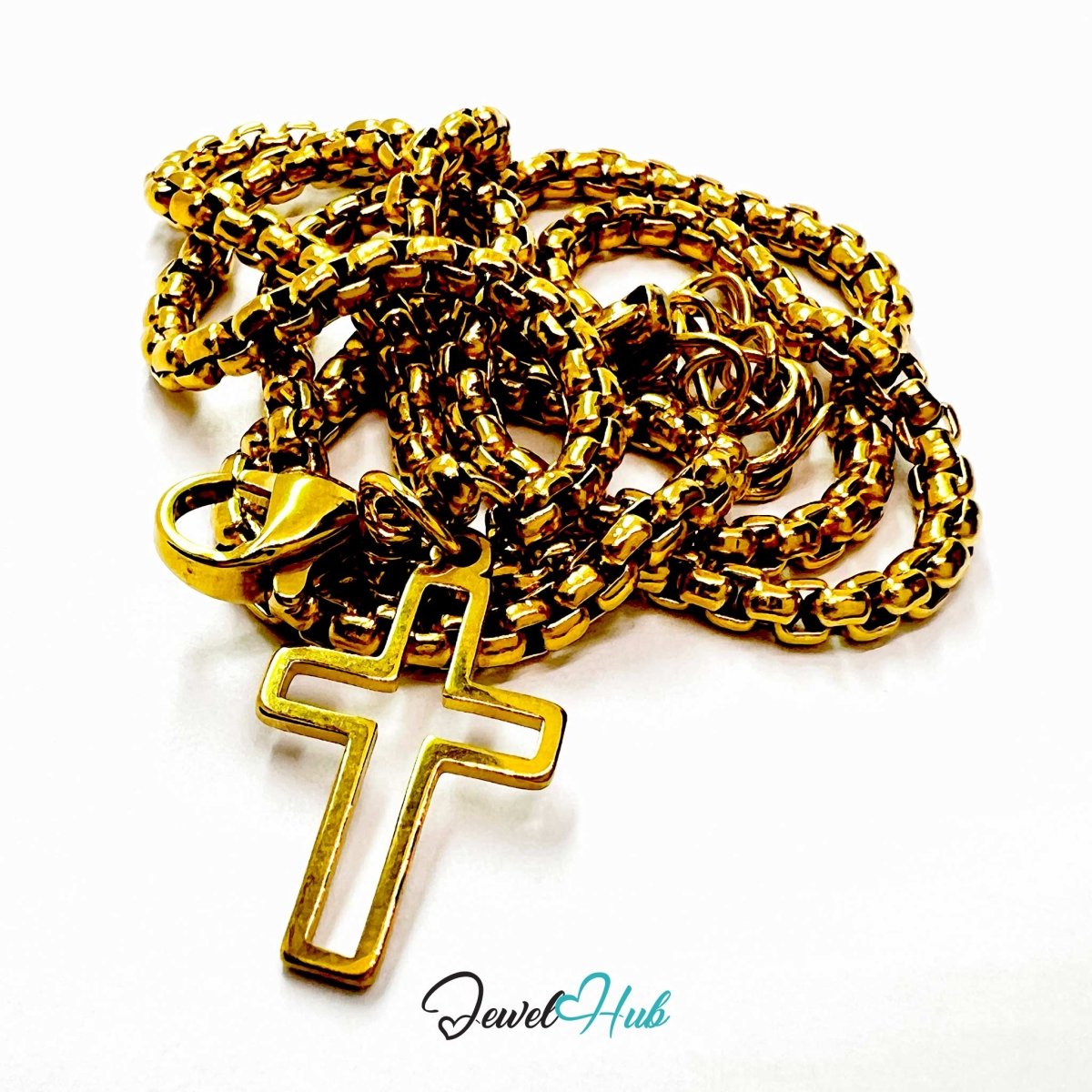 Stainless Steel Box-Link Chain Gold Bracelet with Cross Charm - JewelHub.co.uk