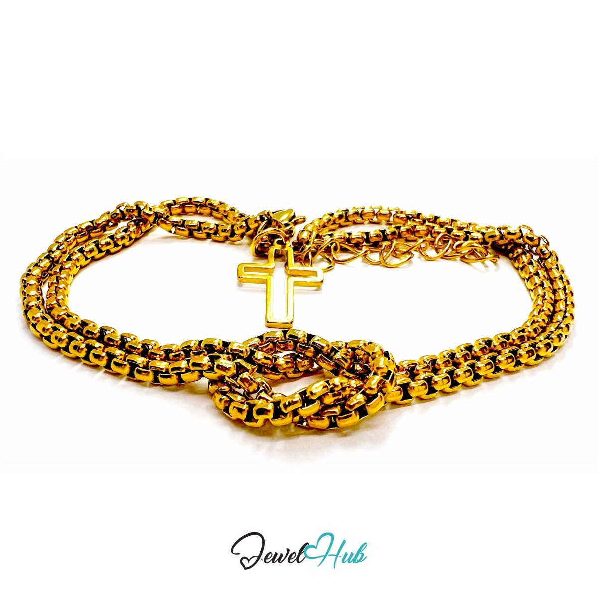 Stainless Steel Box-Link Chain Gold Bracelet with Cross Charm - JewelHub.co.uk