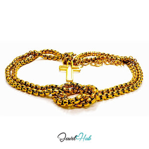Stainless Steel Box-Link Chain Gold Bracelet with Cross Charm - JewelHub.co.uk