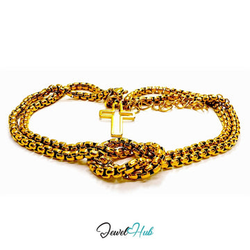Stainless Steel Box-Link Chain Gold Bracelet with Cross Charm - JewelHub.co.uk
