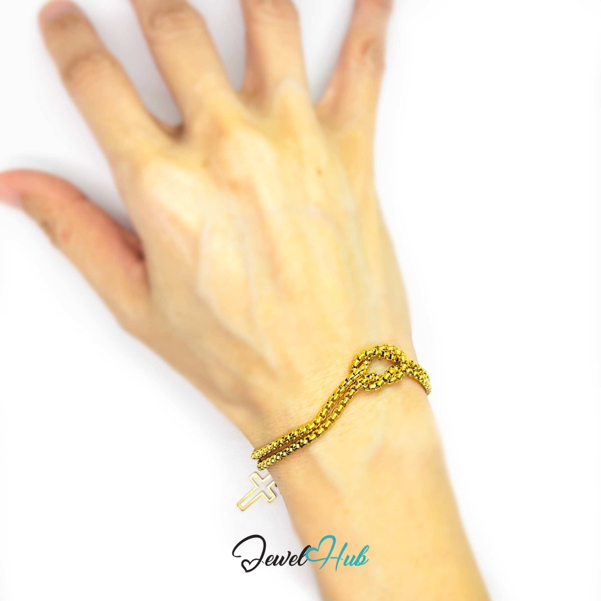 Stainless Steel Box-Link Chain Gold Bracelet with Cross Charm - JewelHub.co.uk