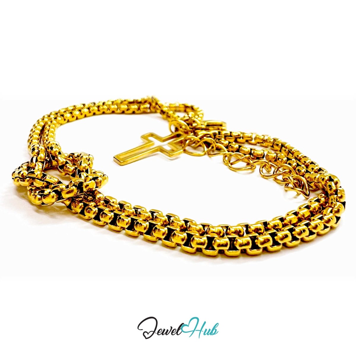 Stainless Steel Box-Link Chain Gold Bracelet with Cross Charm - JewelHub.co.uk