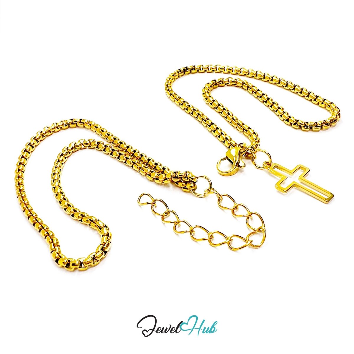 Stainless Steel Box-Link Chain Gold Bracelet with Cross Charm - JewelHub.co.uk