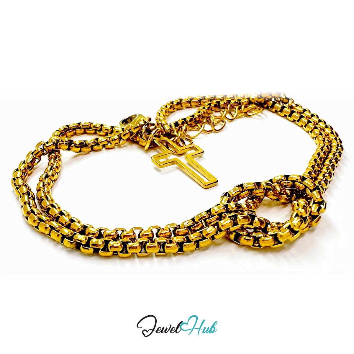 Stainless Steel Box-Link Chain Gold Bracelet with Cross Charm - JewelHub.co.uk
