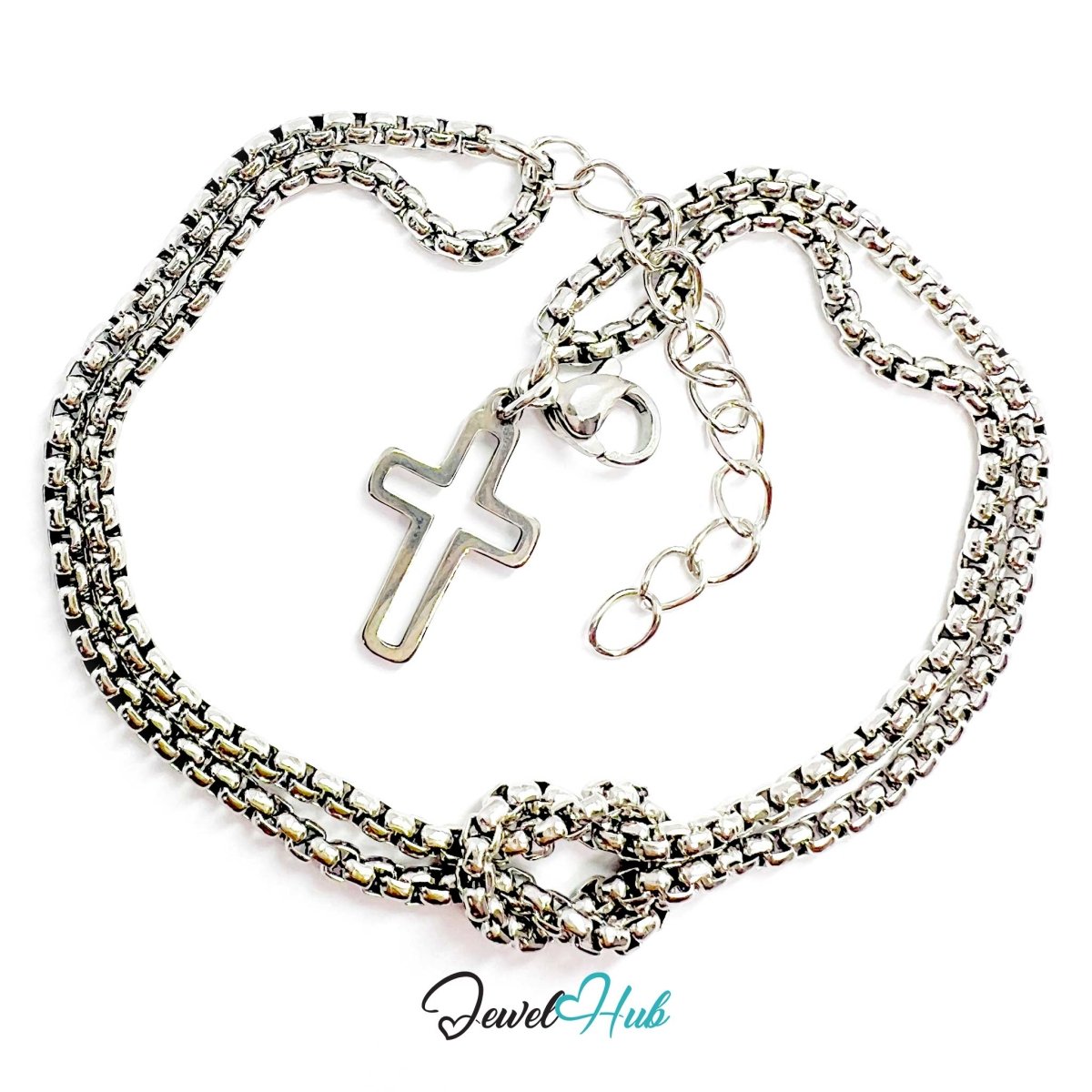 Stainless Steel Box-Link Chain Silver Bracelet with Cross Charm - JewelHub.co.uk