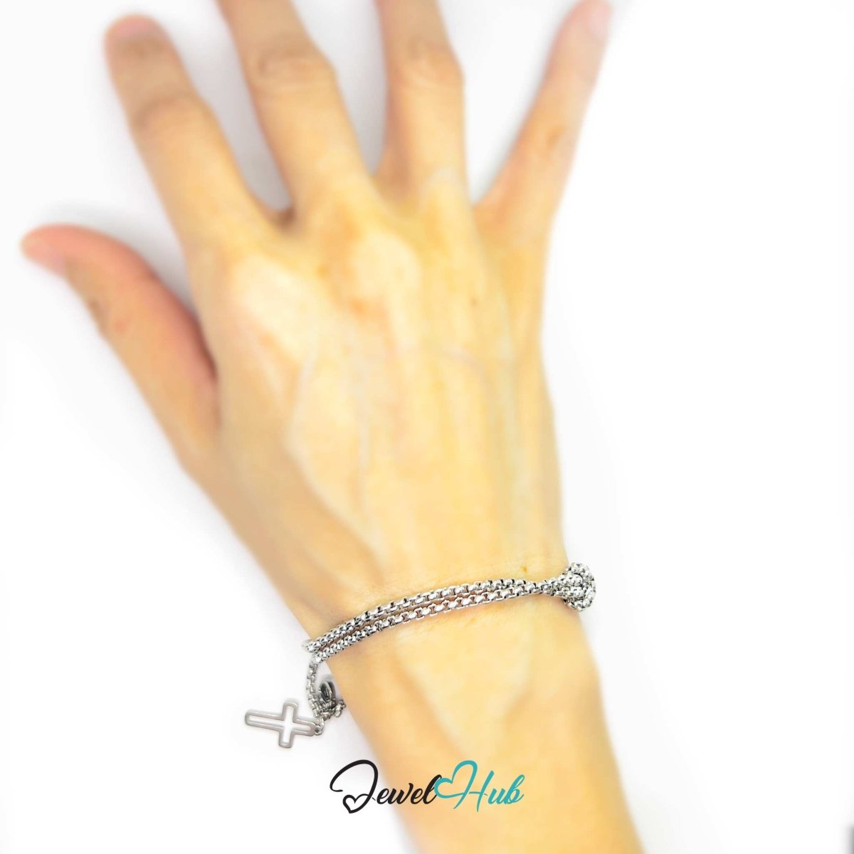 Stainless Steel Box-Link Chain Silver Bracelet with Cross Charm - JewelHub.co.uk