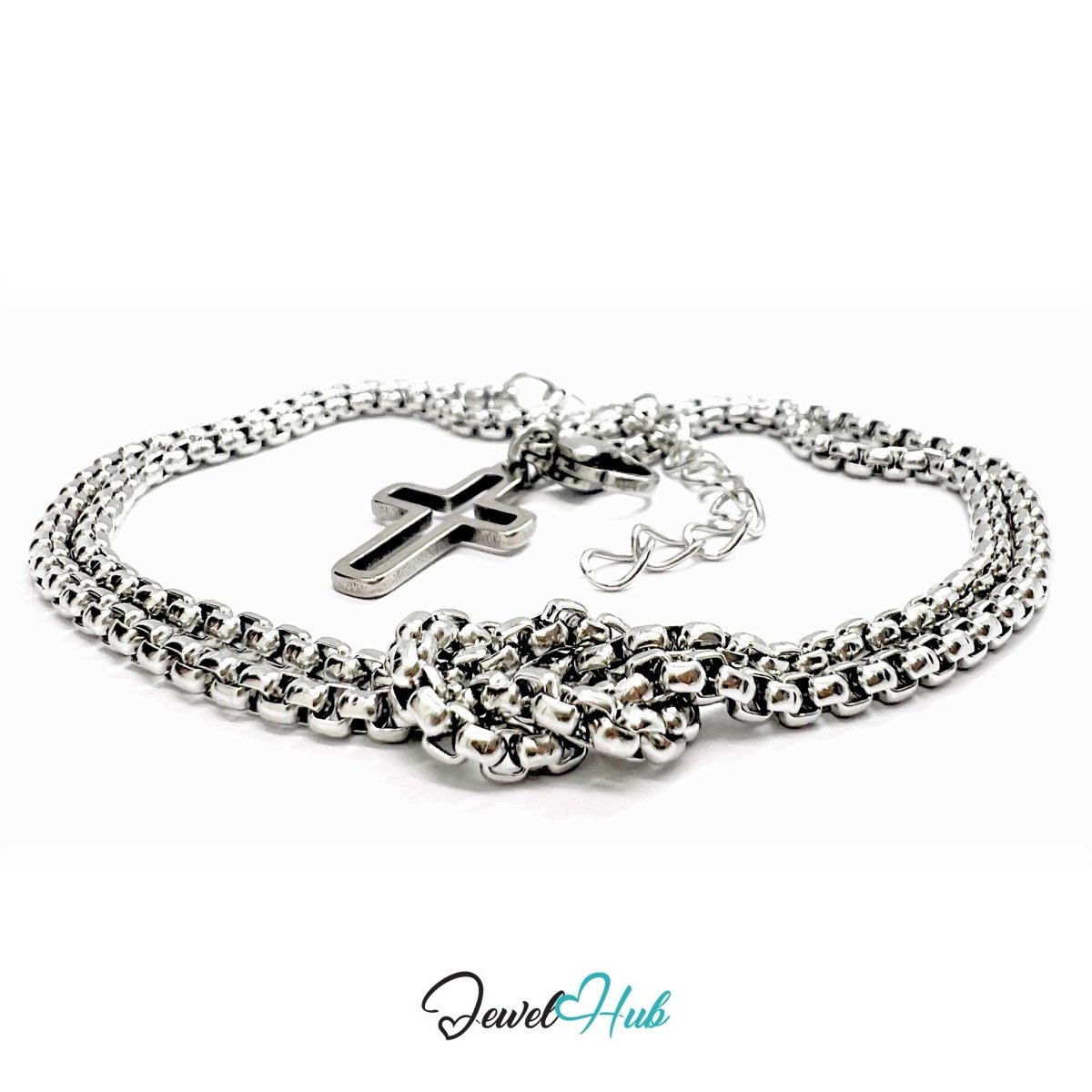 Stainless Steel Box-Link Chain Silver Bracelet with Cross Charm - JewelHub.co.uk
