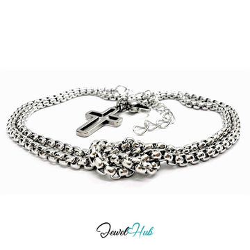 Stainless Steel Box-Link Chain Silver Bracelet with Cross Charm - JewelHub.co.uk