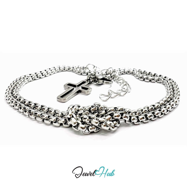 Stainless Steel Box-Link Chain Silver Bracelet with Cross Charm - JewelHub.co.uk