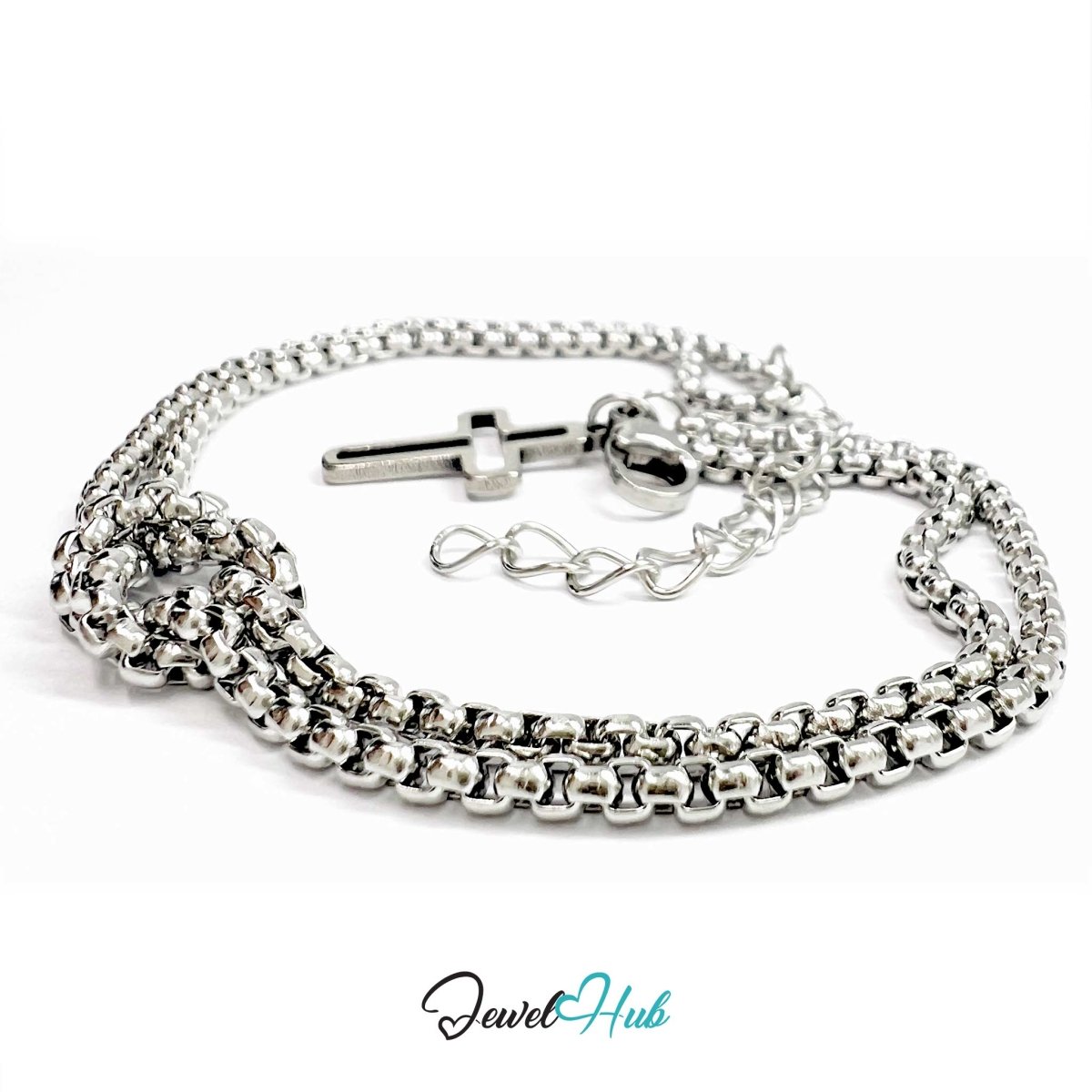 Stainless Steel Box-Link Chain Silver Bracelet with Cross Charm - JewelHub.co.uk