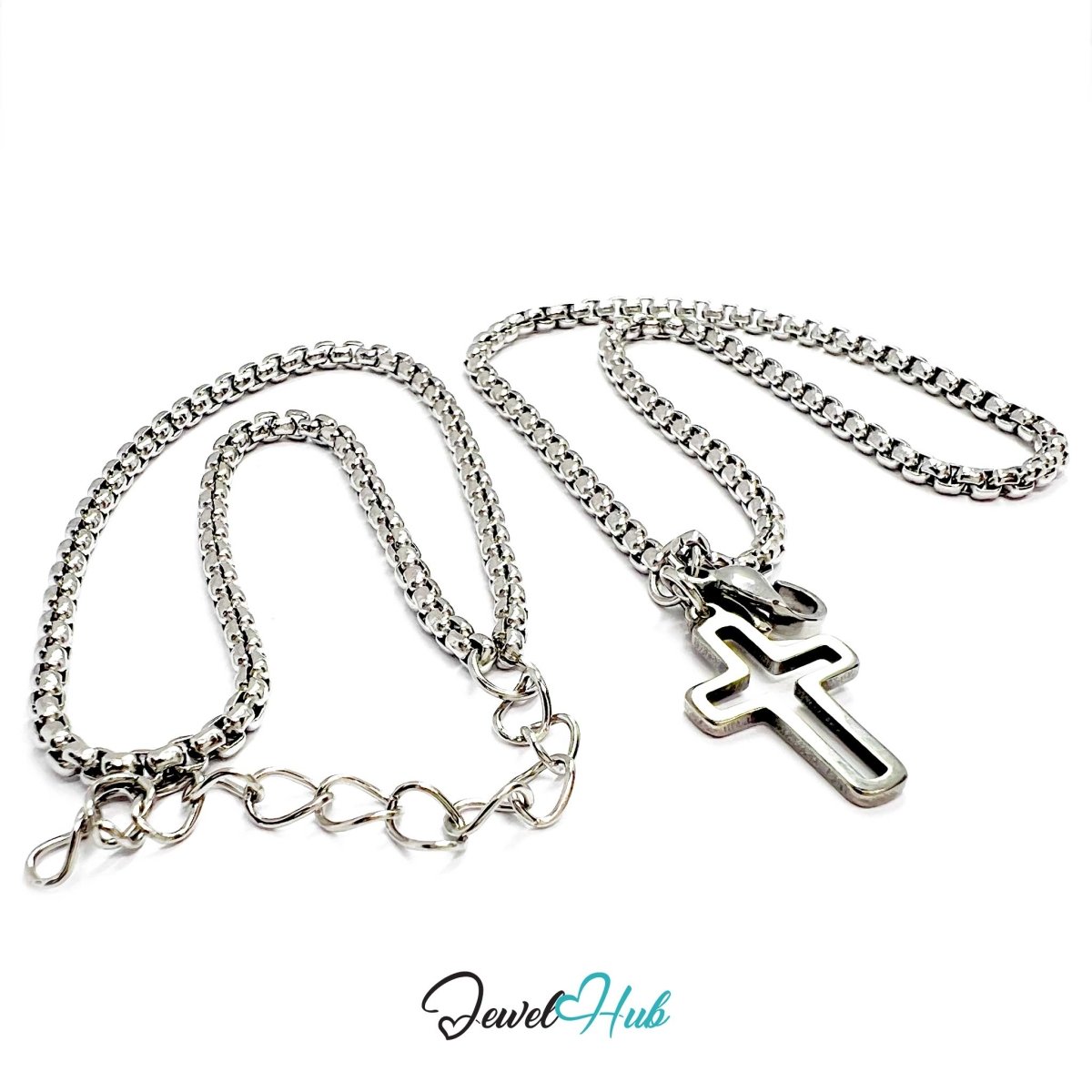 Stainless Steel Box-Link Chain Silver Bracelet with Cross Charm - JewelHub.co.uk