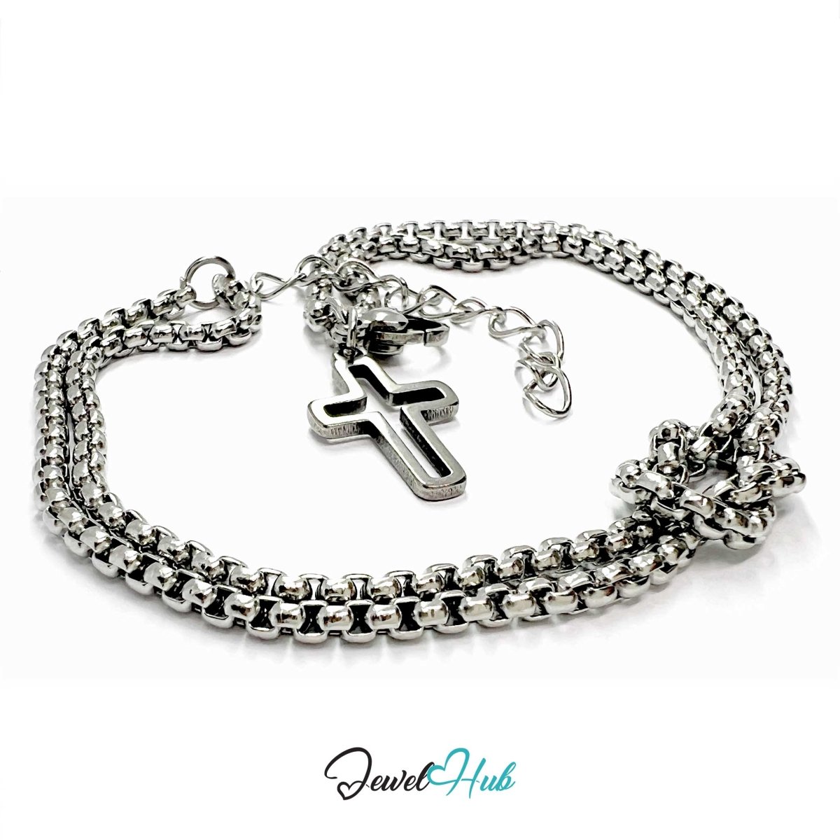 Stainless Steel Box-Link Chain Silver Bracelet with Cross Charm - JewelHub.co.uk