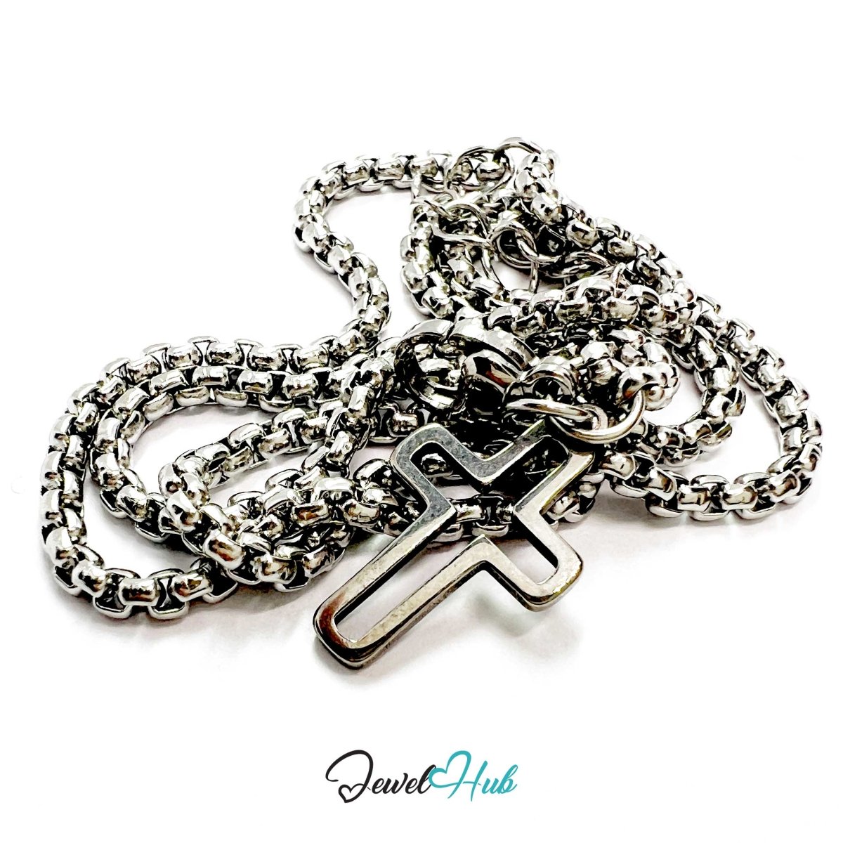 Stainless Steel Box-Link Chain Silver Bracelet with Cross Charm - JewelHub.co.uk