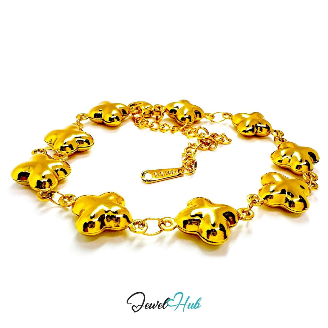 Stainless Steel Bubble Clover Charms Gold Bracelet - JewelHub.co.uk