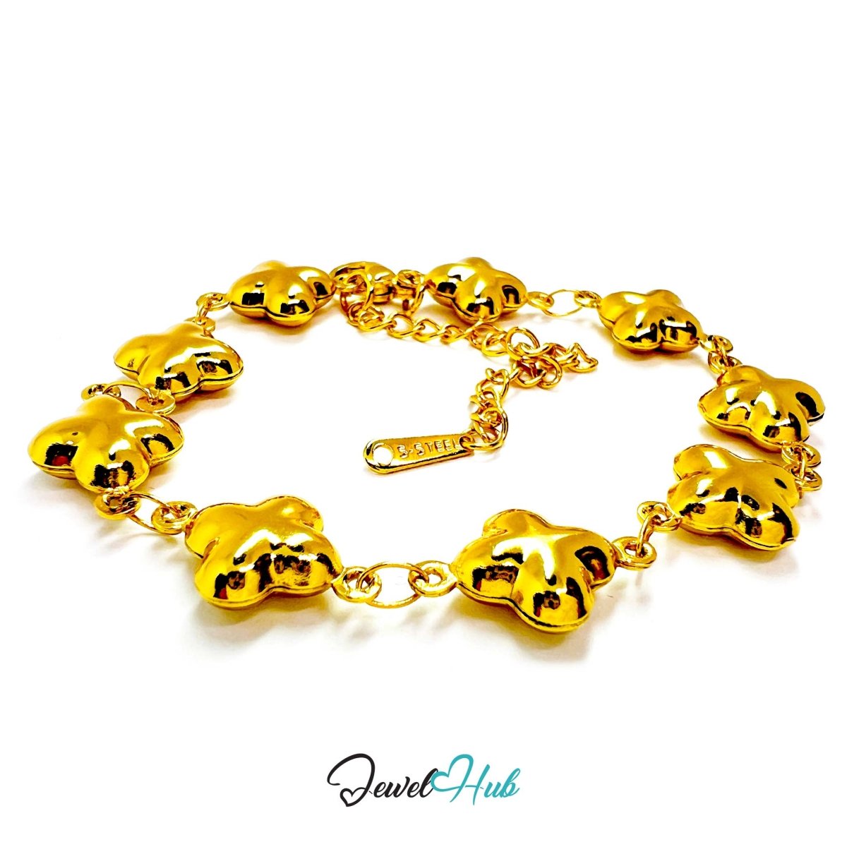 Stainless Steel Bubble Clover Charms Gold Bracelet - JewelHub.co.uk