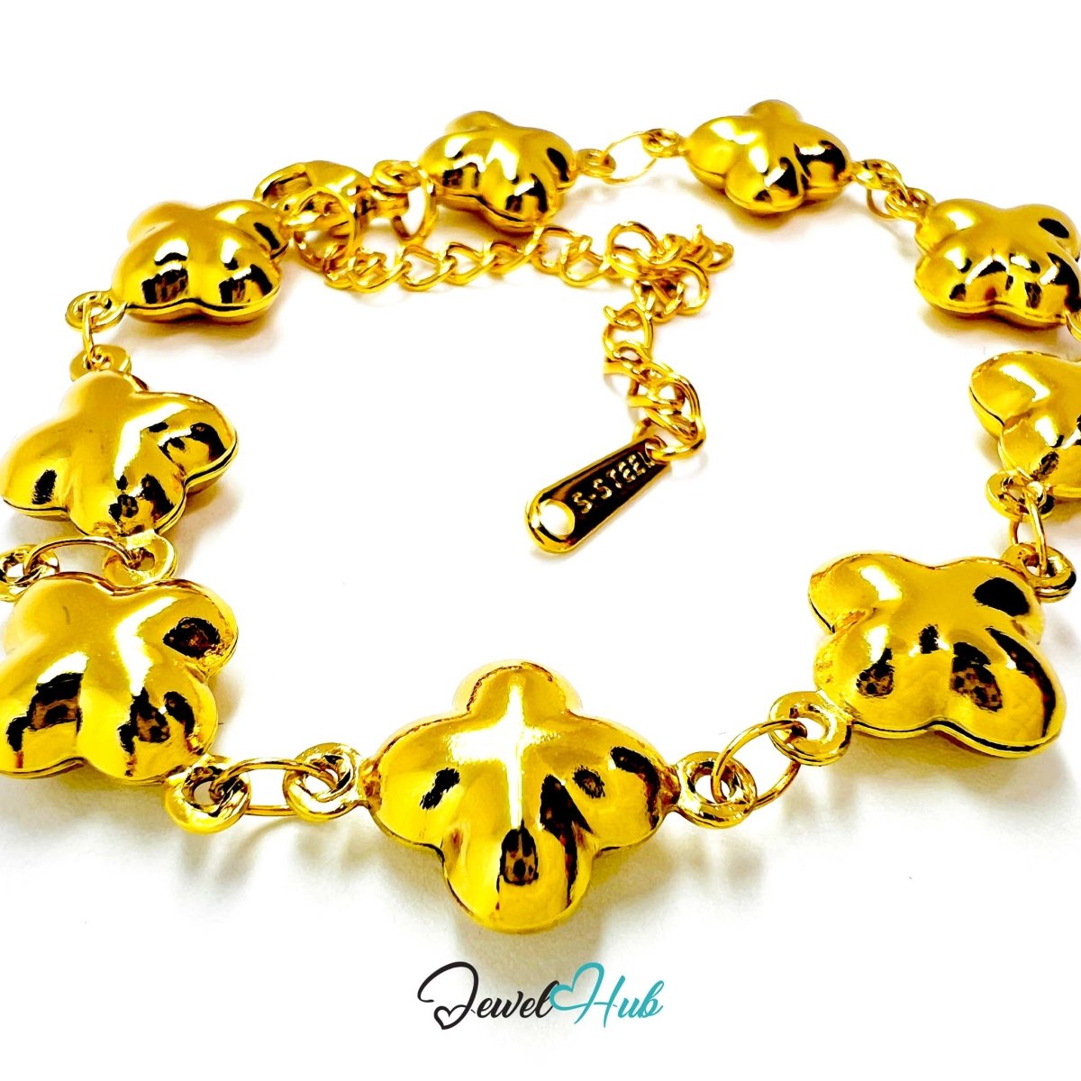 Stainless Steel Bubble Clover Charms Gold Bracelet - JewelHub.co.uk