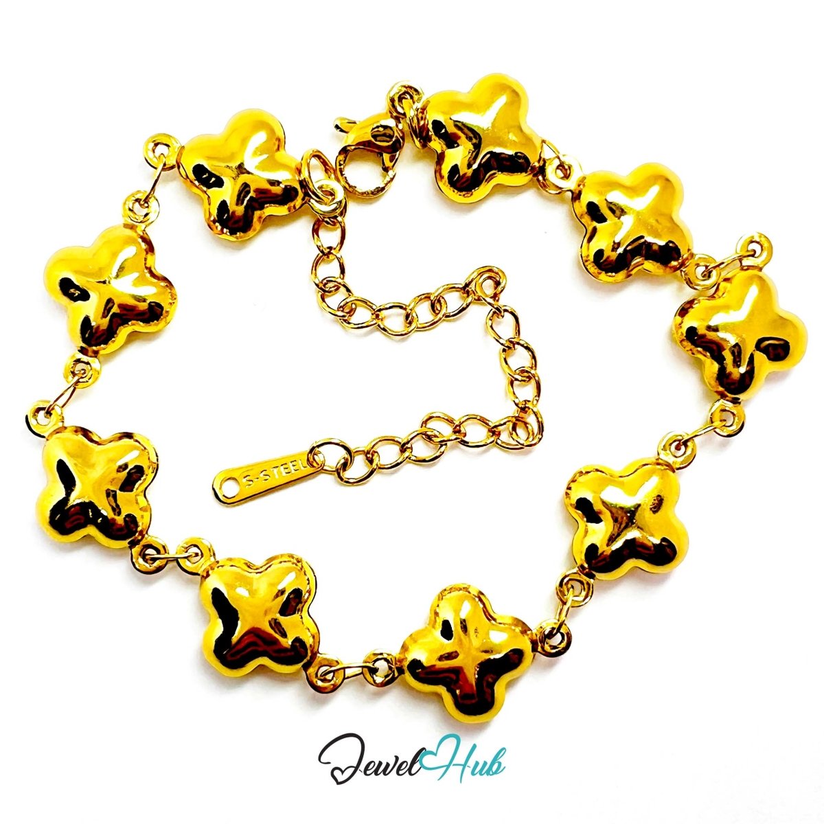 Stainless Steel Bubble Clover Charms Gold Bracelet - JewelHub.co.uk