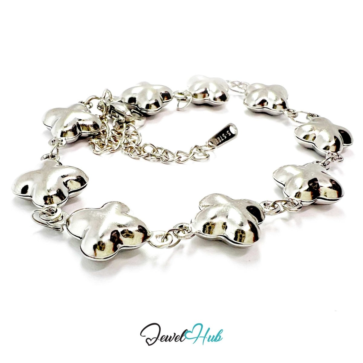Stainless Steel Bubble Clover Charms Silver Bracelet - JewelHub.co.uk