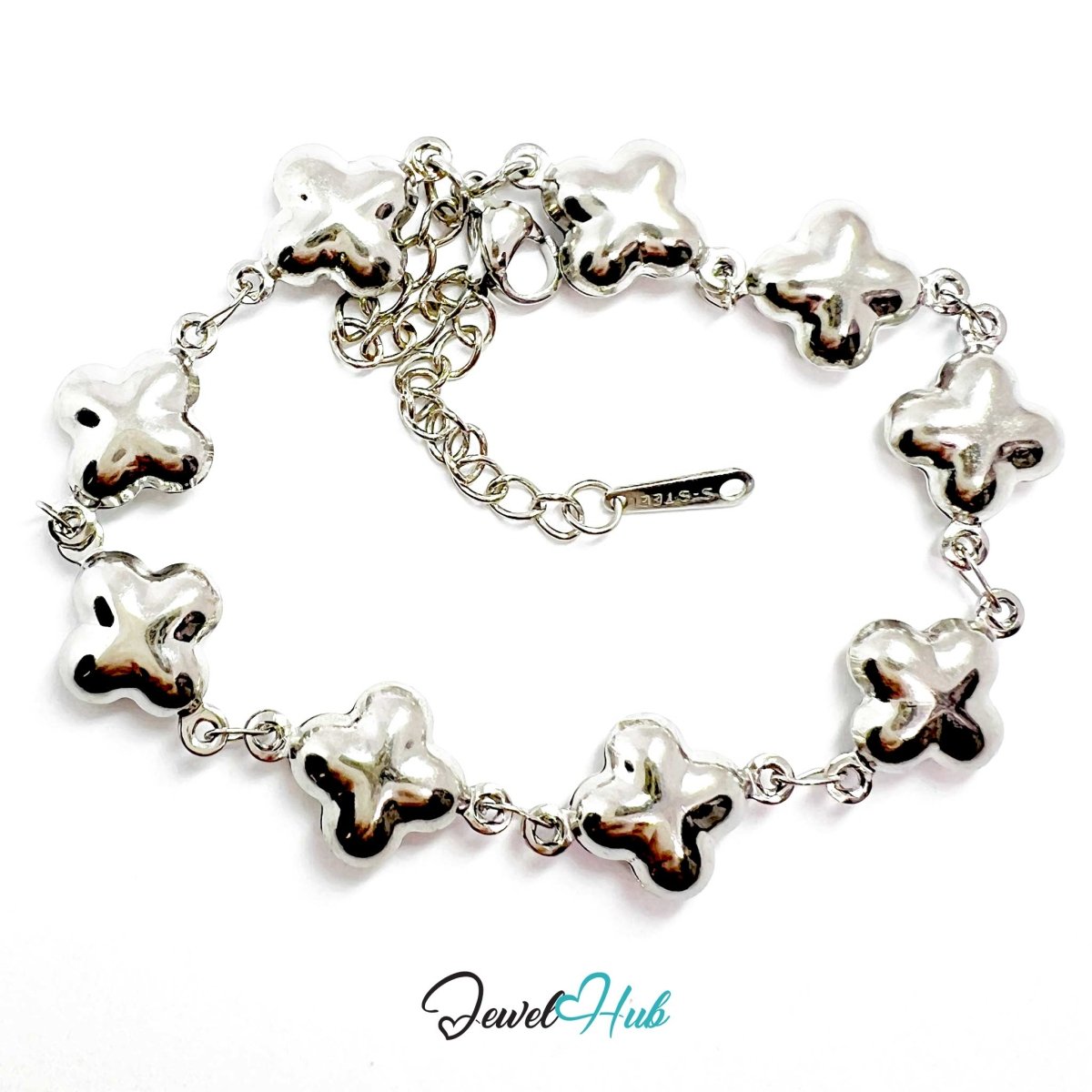 Stainless Steel Bubble Clover Charms Silver Bracelet - JewelHub.co.uk